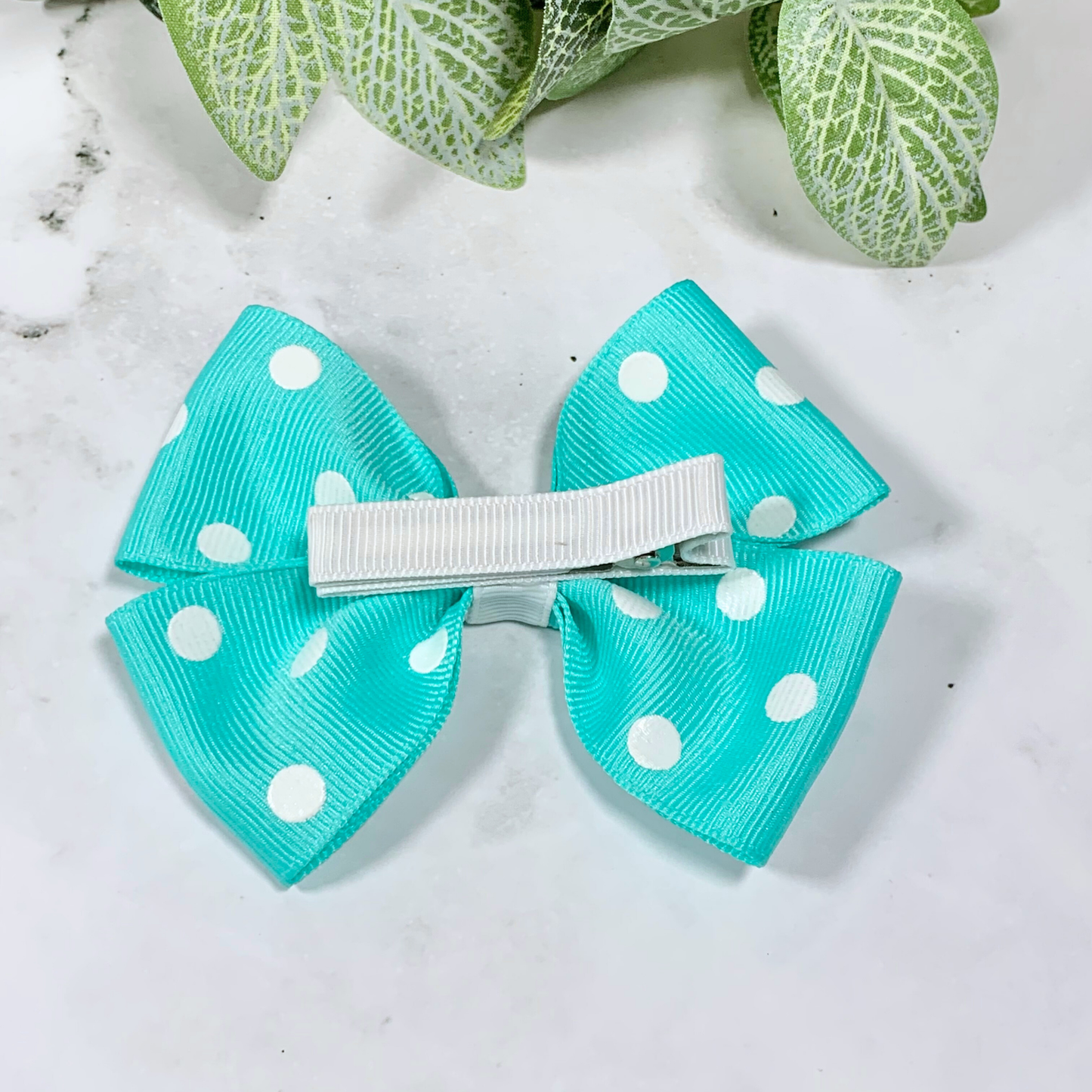Aqua Polka Dot Medium Bow Hair Clip