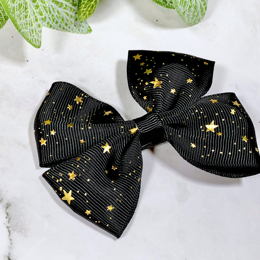 Black with Gold Foil Stars Medium Bow Hair Clip