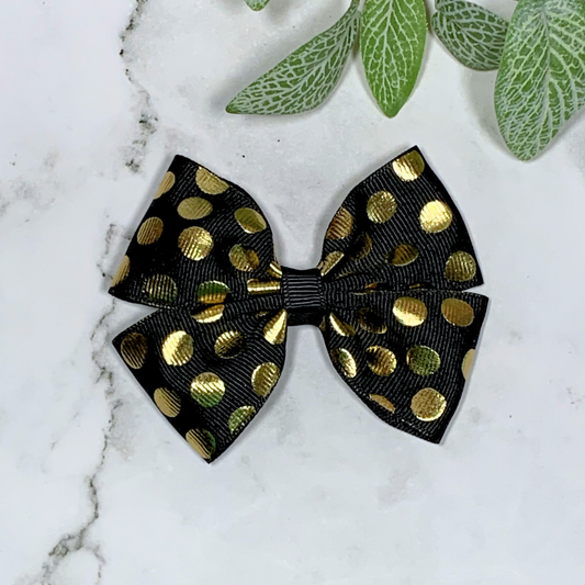 Black with Gold Spots Medium Bow Hair Clip