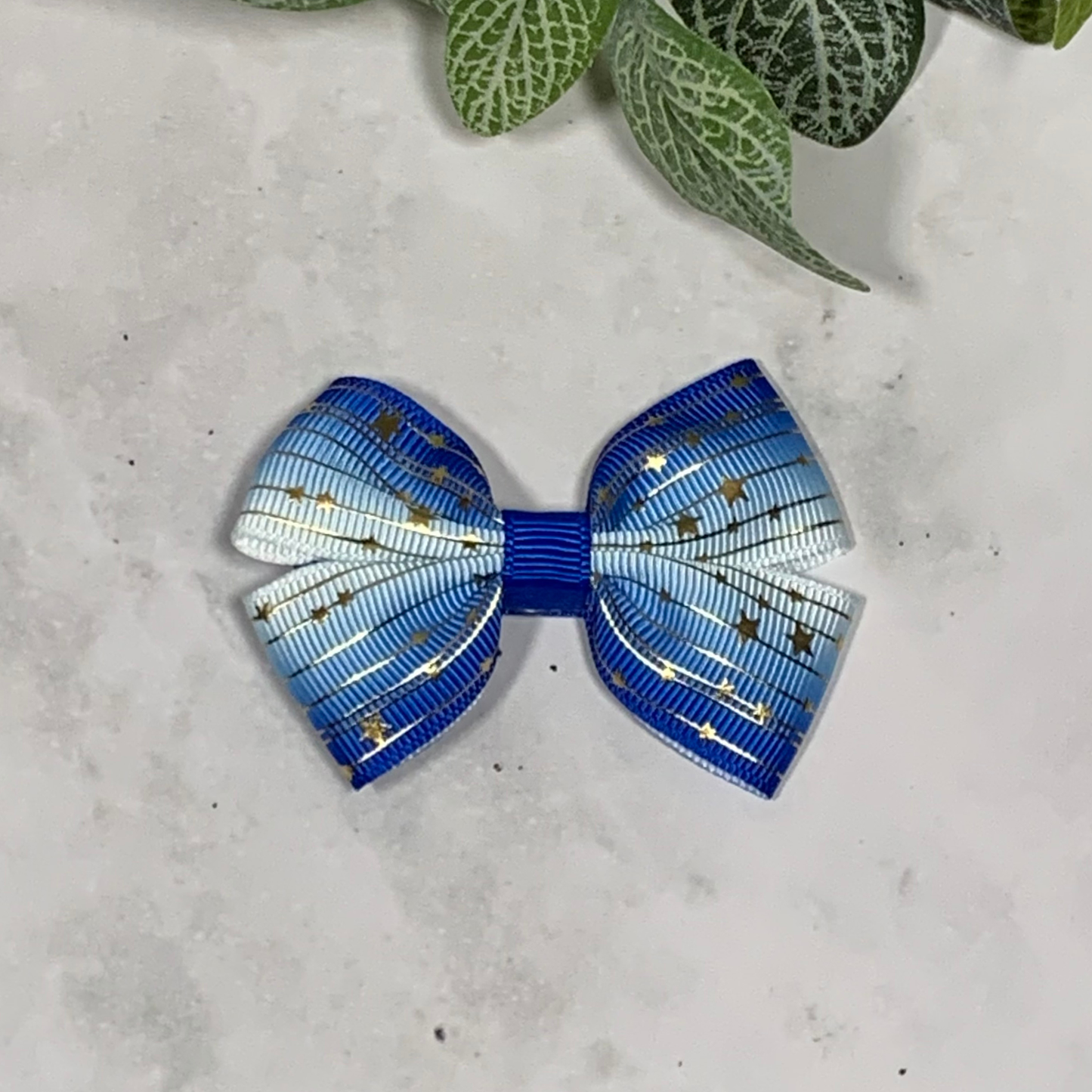 Blue Ombre with Gold Stars Small Bow Hair Clip