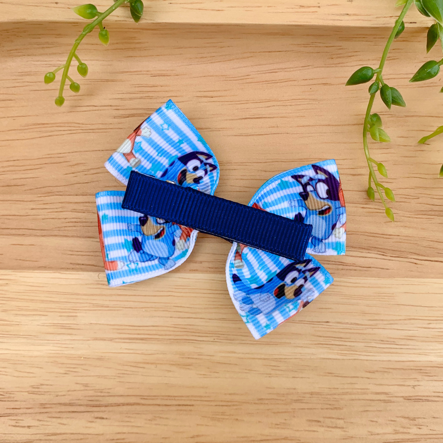 Blue Stripe Dog Double Bow Hair Clip