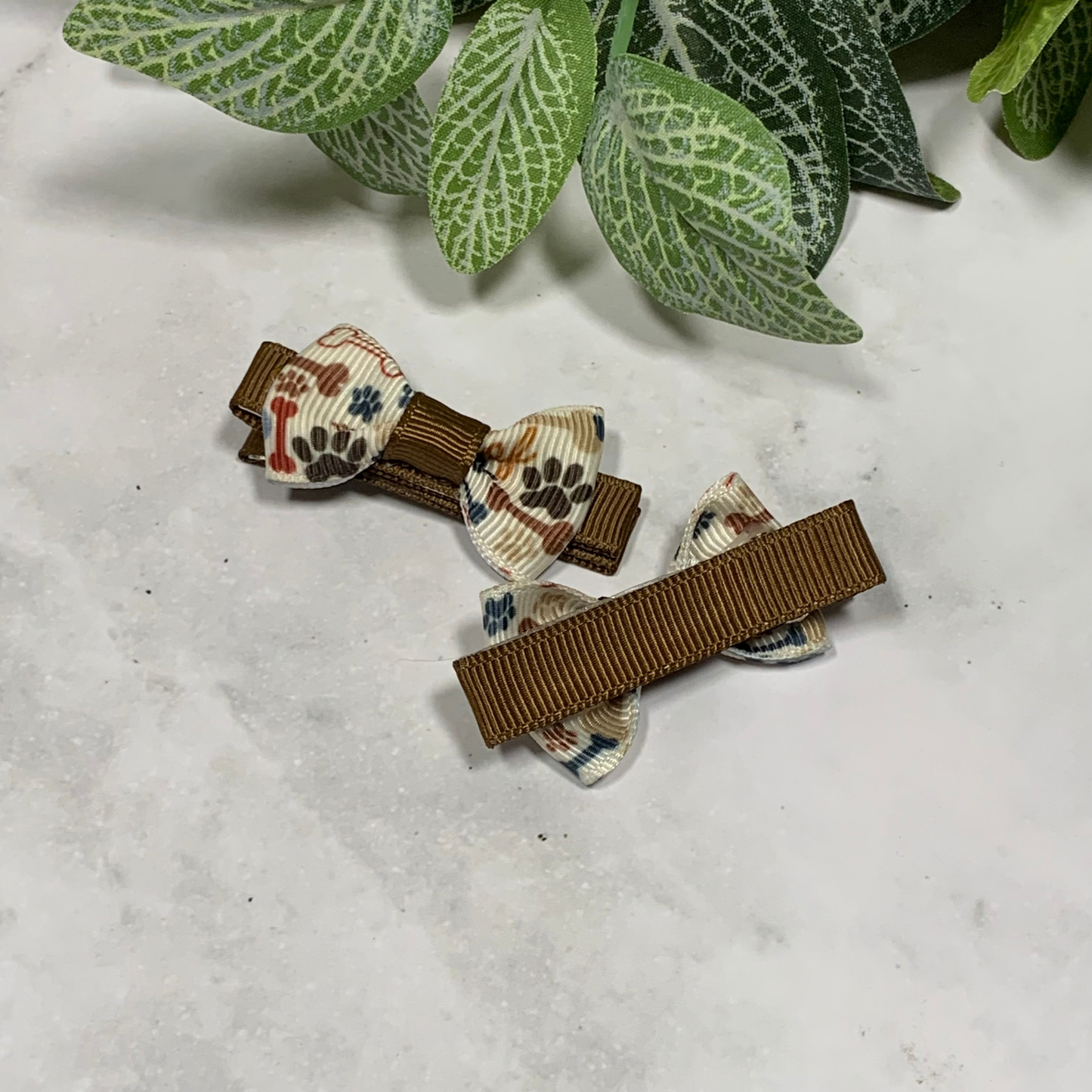 Brown Paws & Bones Mini Bow Hair Clips - set of 2