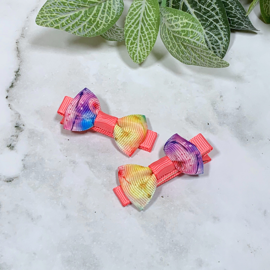 Coral Dandelion Mini Bow Hair Clips - set of 2