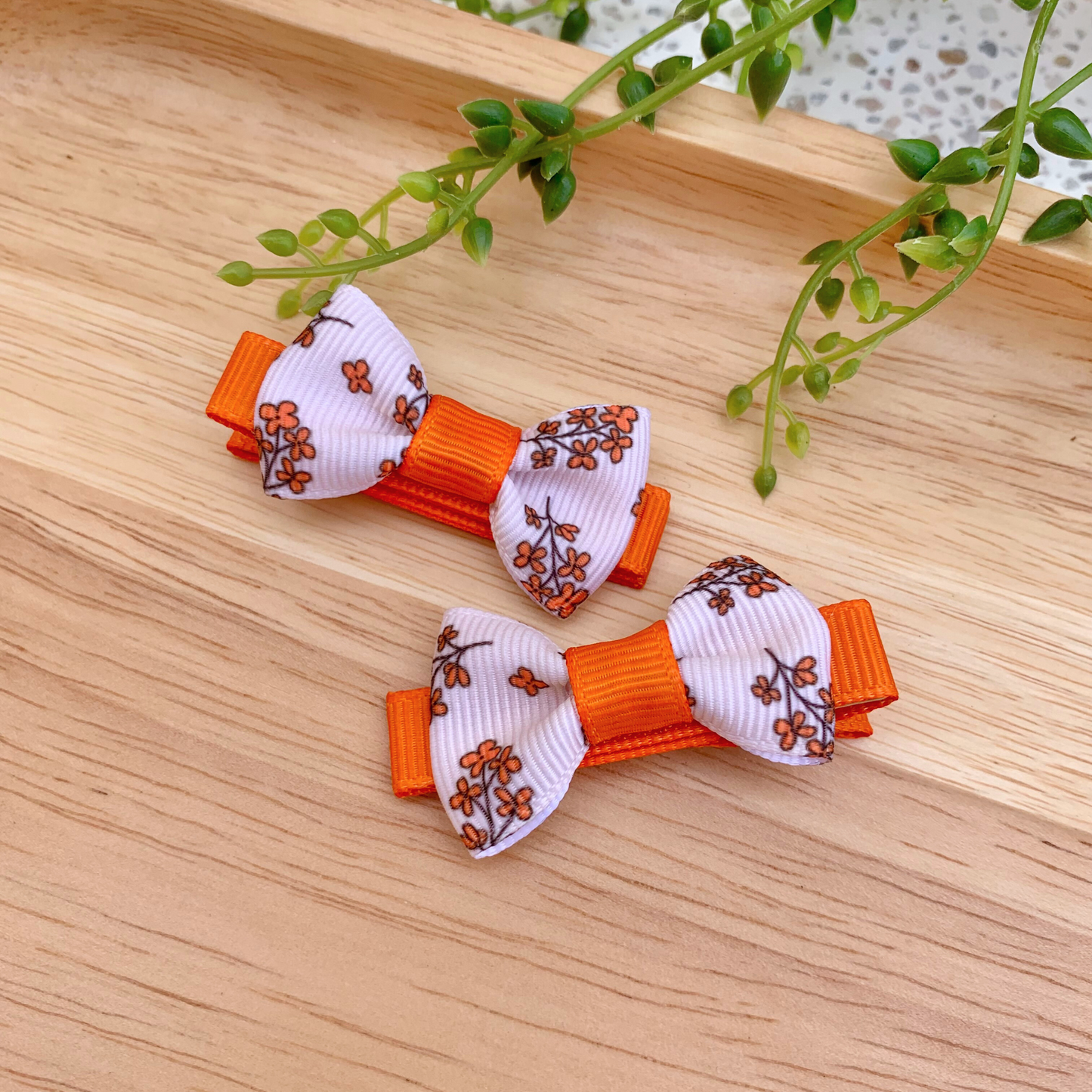 Cream & Orange Floral Mini Bow Hair Clips