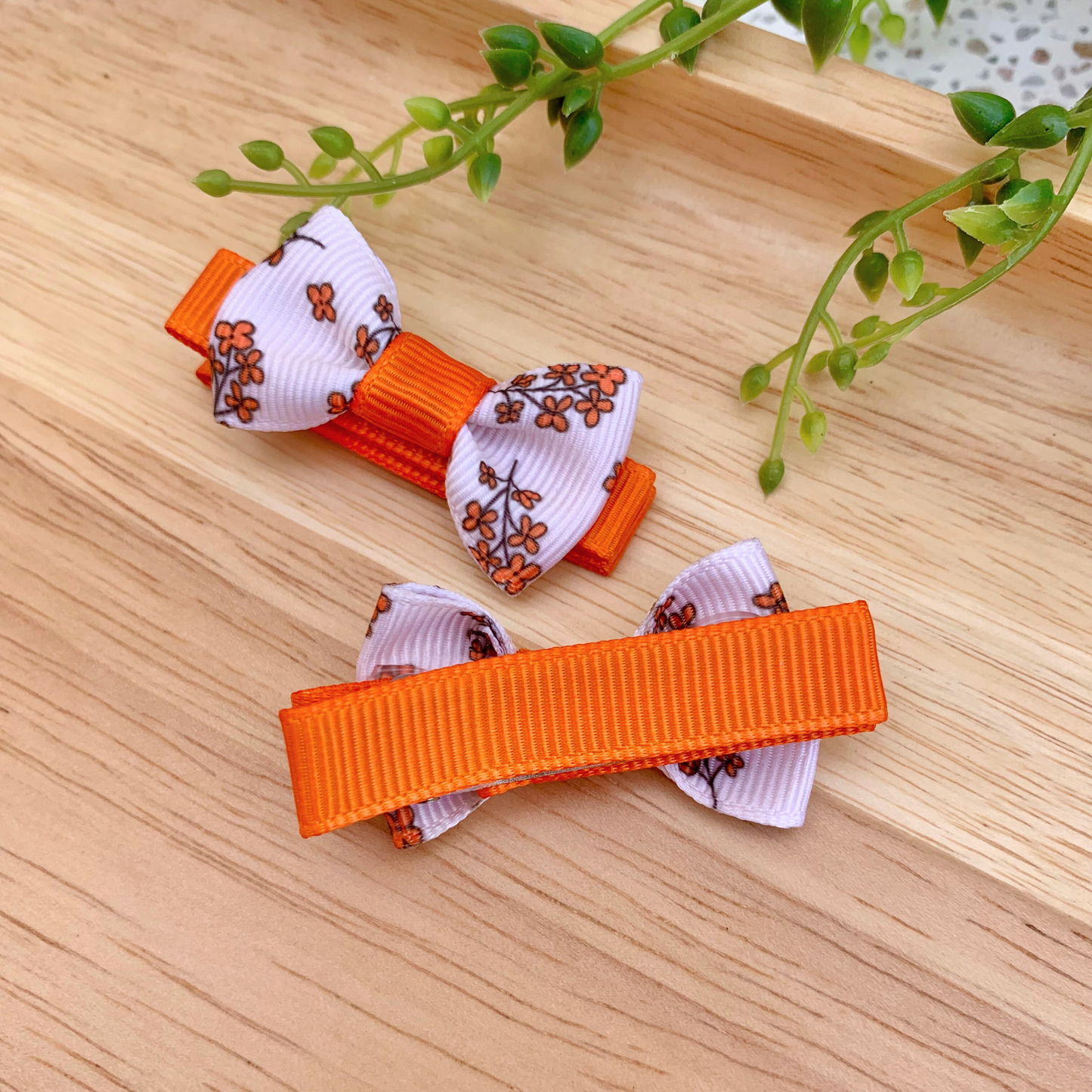 Cream & Orange Floral Mini Bow Hair Clips