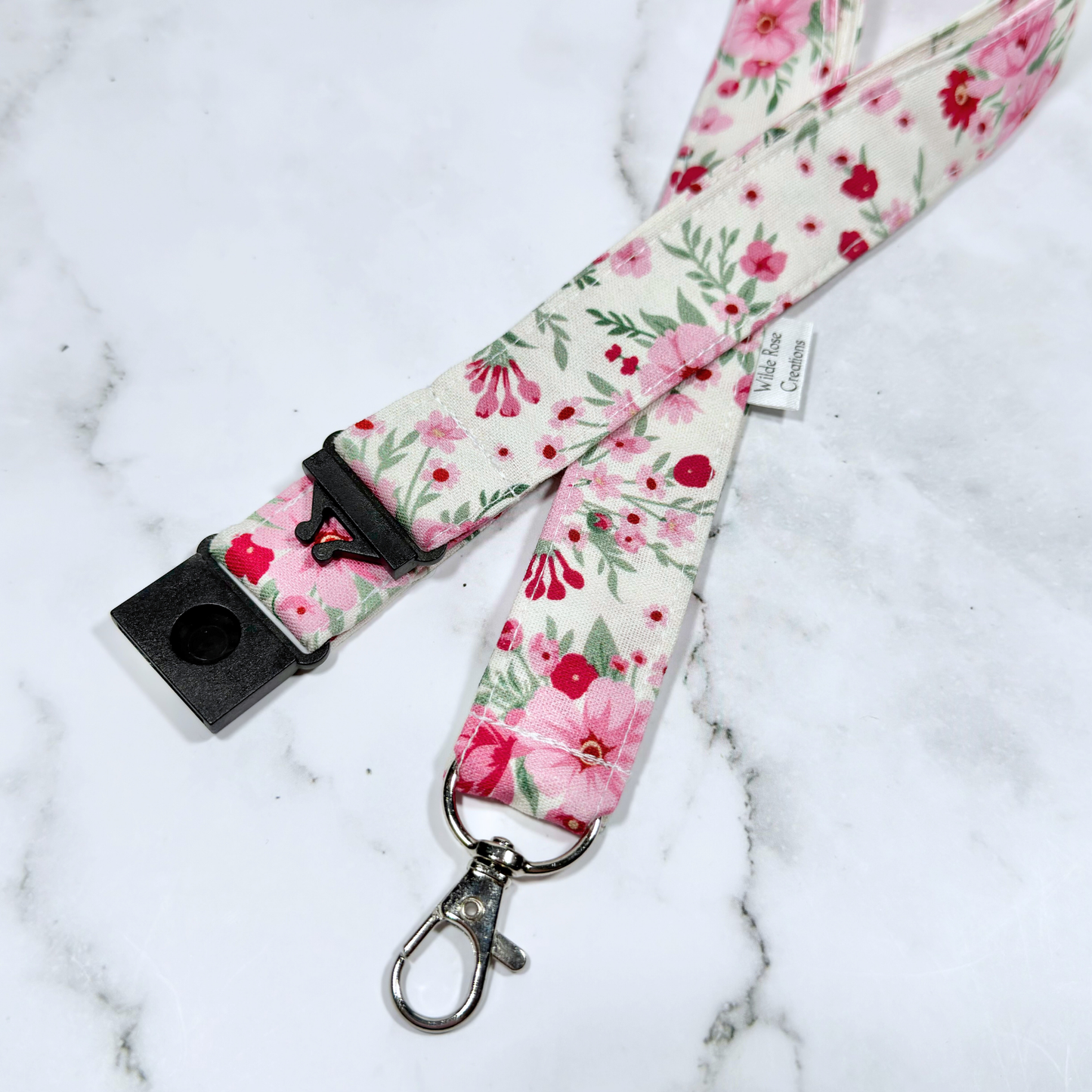 Cream & Pink Floral Lanyard with Breakaway Clasp