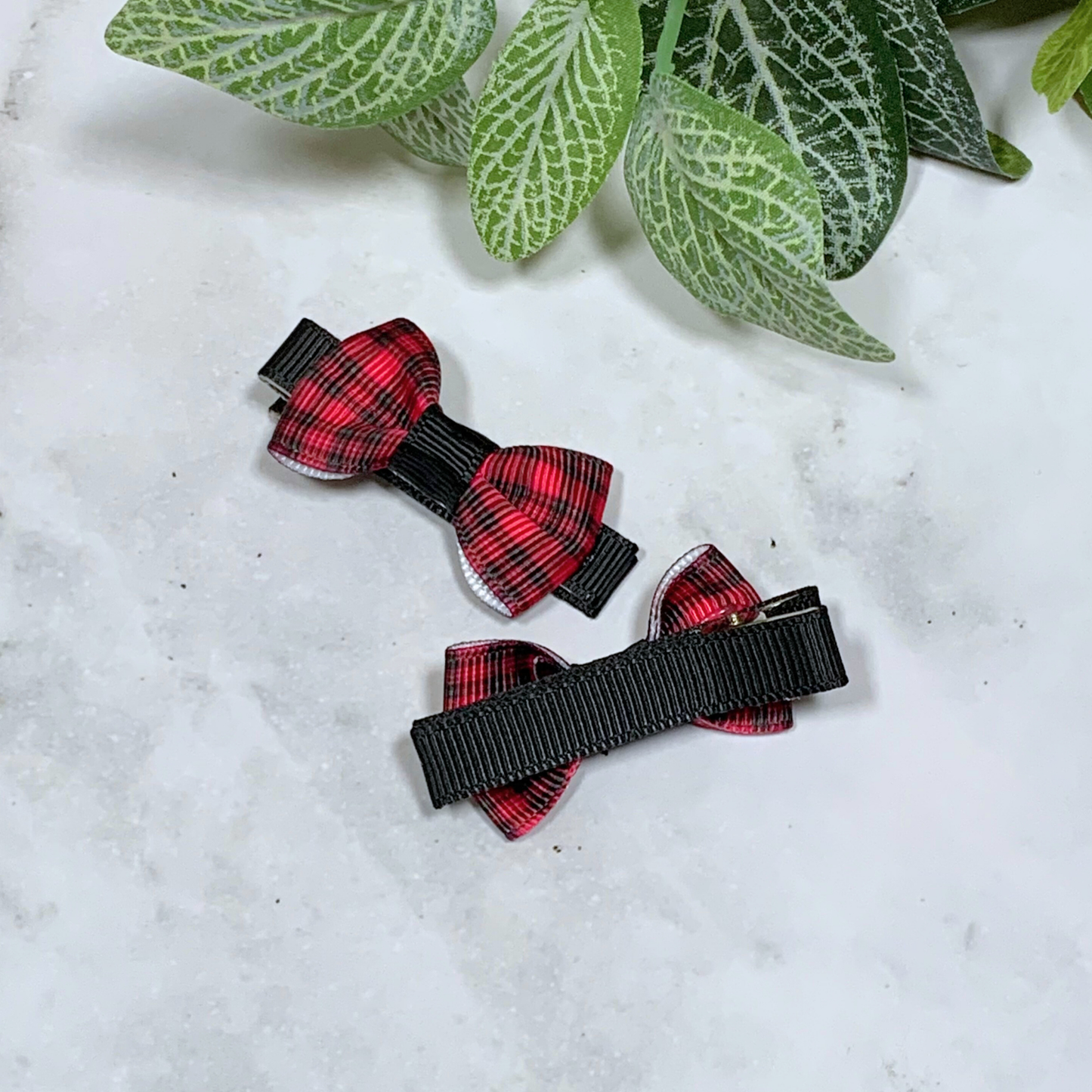 Dark Pink Plaid Mini Bow Hair Clips - set of 2
