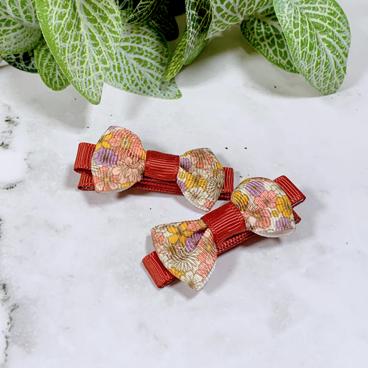 Earthy Floral Mini Bow Hair Clips - set of 2