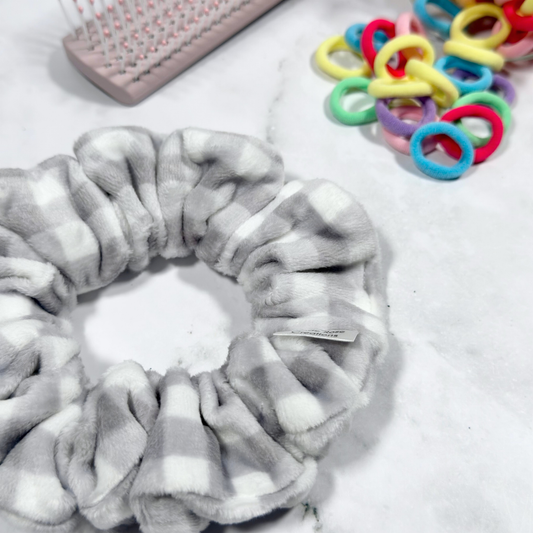Grey Minky Gingham Regular Scrunchie
