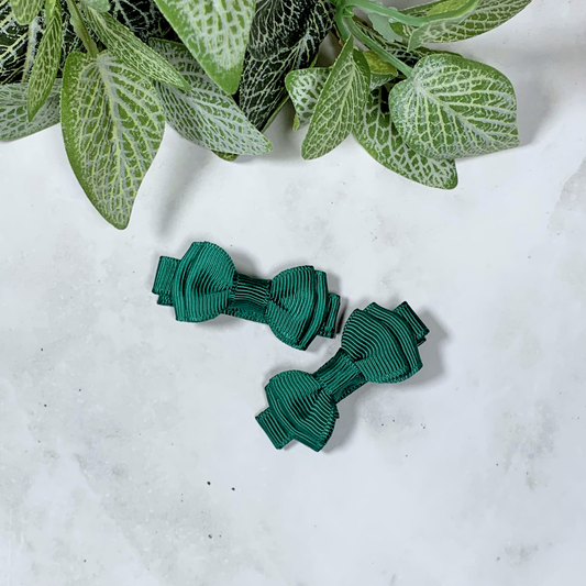 Hunter Green Mini Layered Bow Hair Clips - set of 2