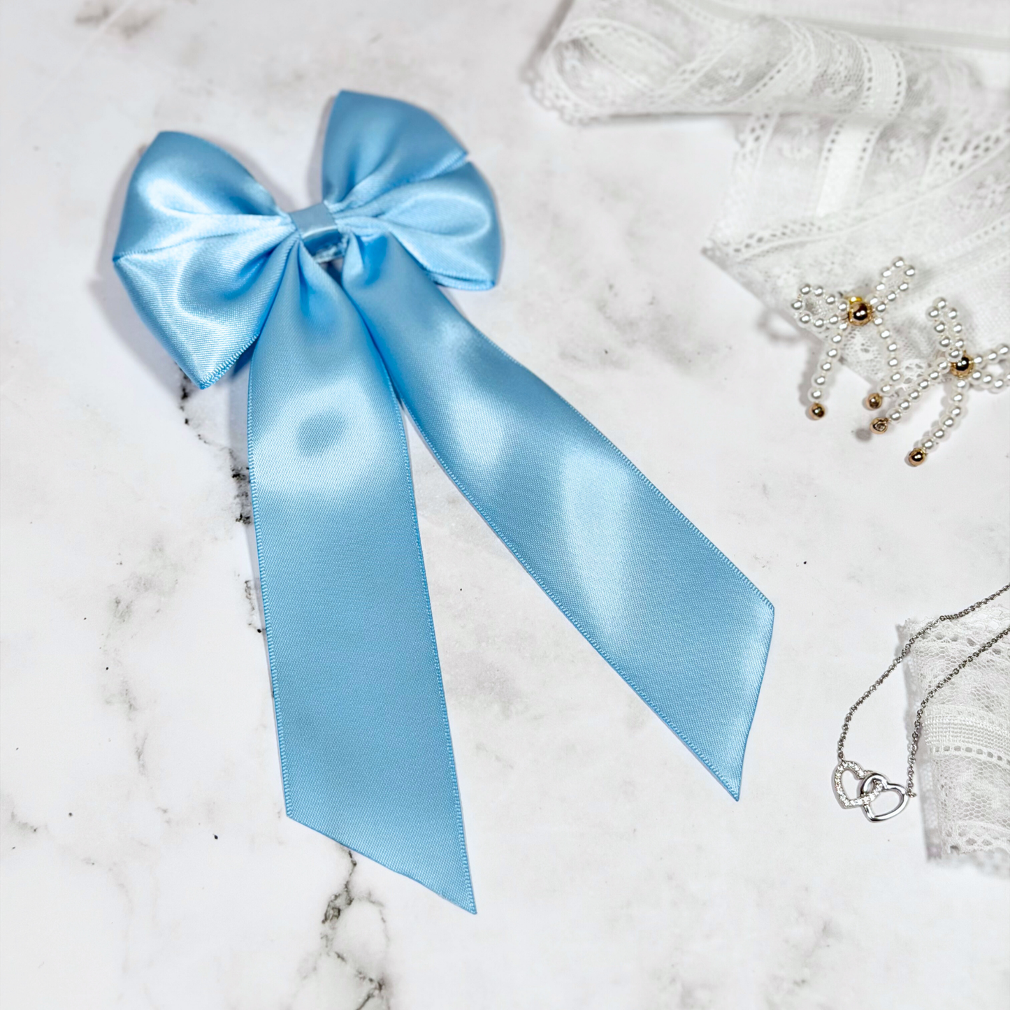 Light Blue Satin Bow with Tails Hair Clip
