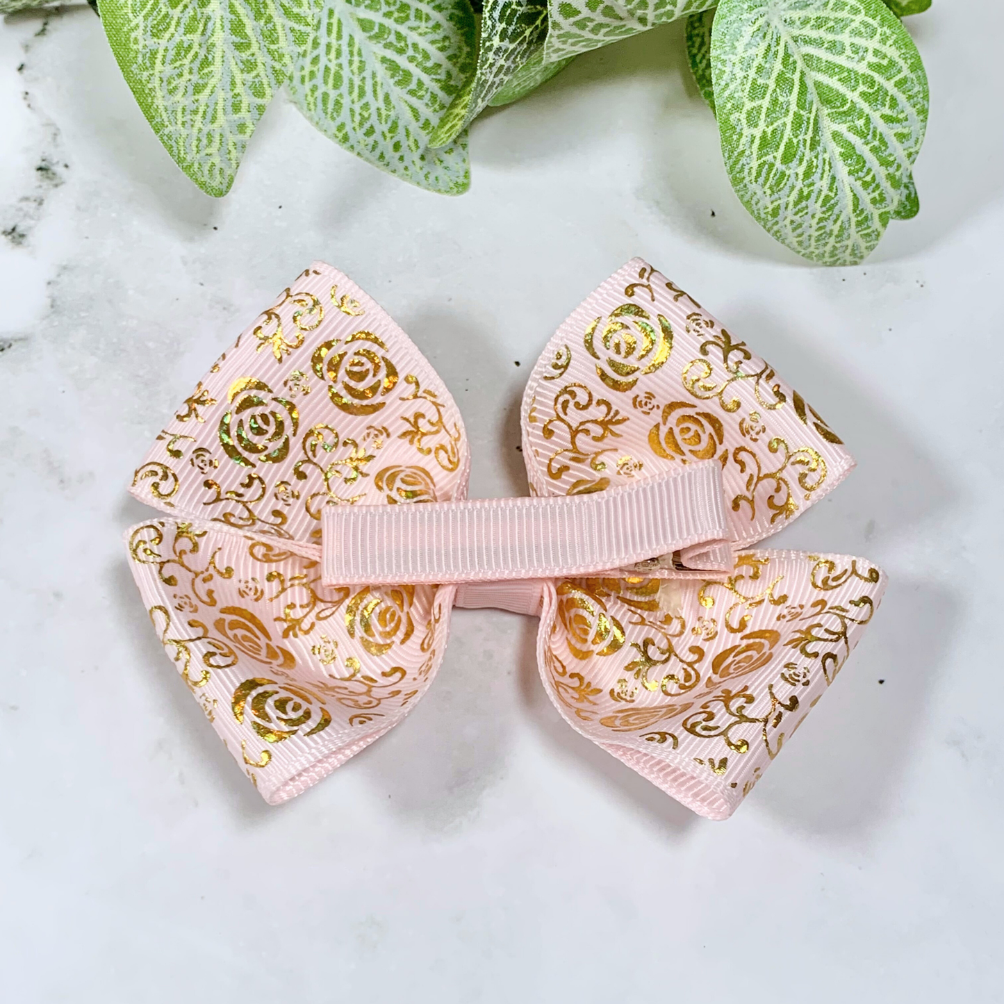Light Pink with Gold Foil Roses Medium Bow Hair Clip