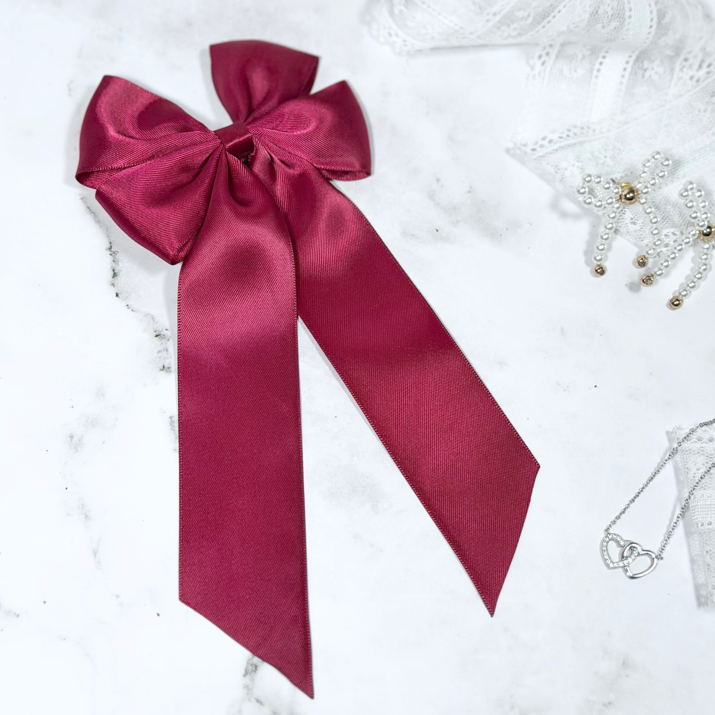 Maroon Satin Bow with Tails Hair Clip