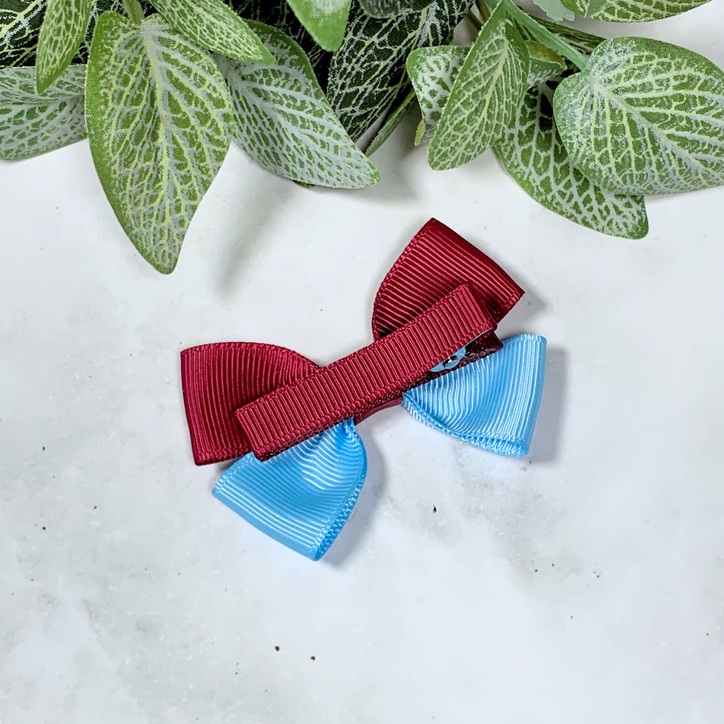 Maroon & Light Blue Small Bow Hair Clip
