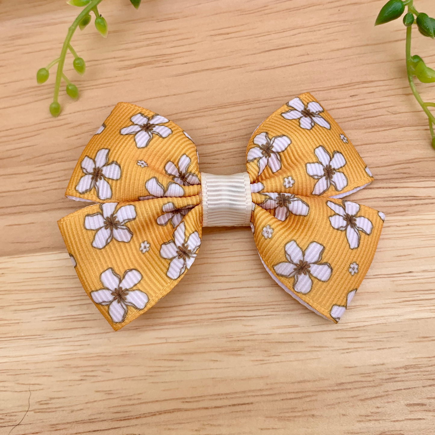 Mustard & Cream Floral Double Bow Hair Clip