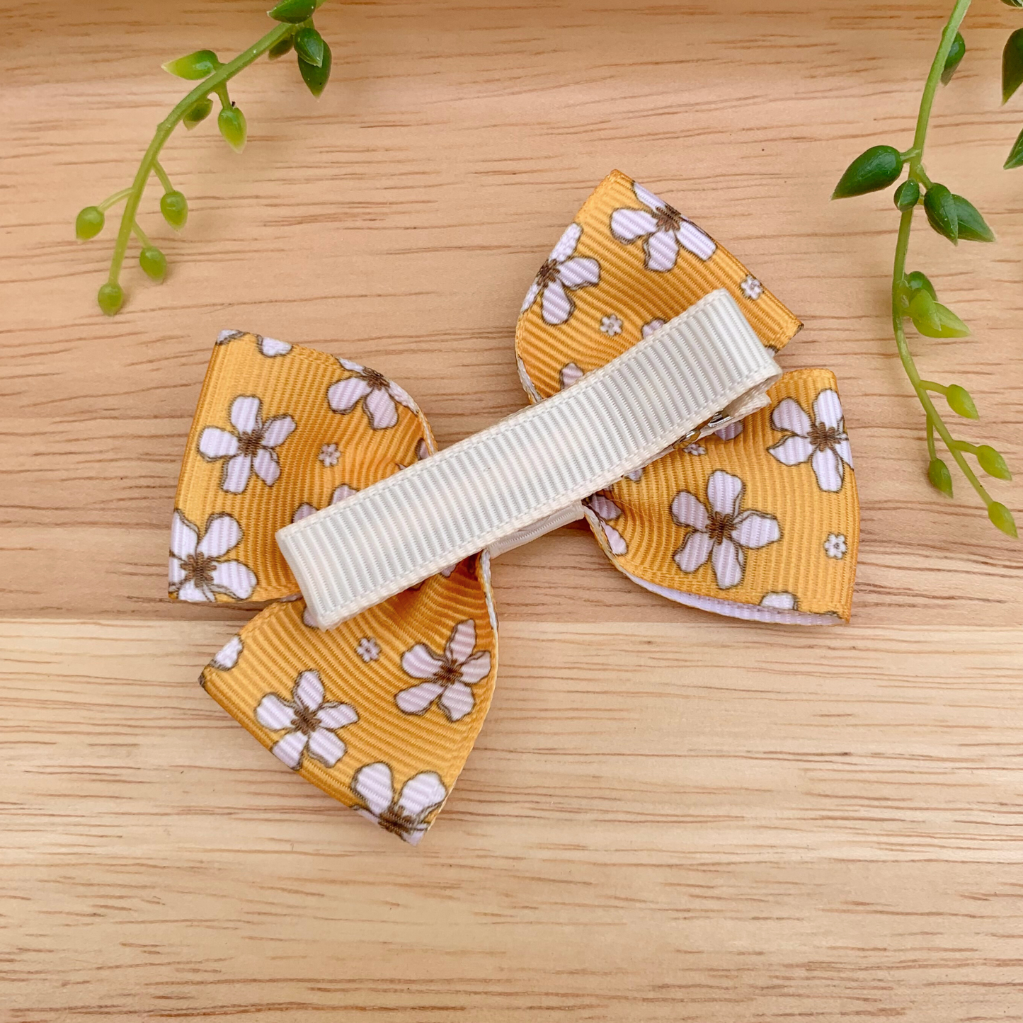 Mustard & Cream Floral Double Bow Hair Clip