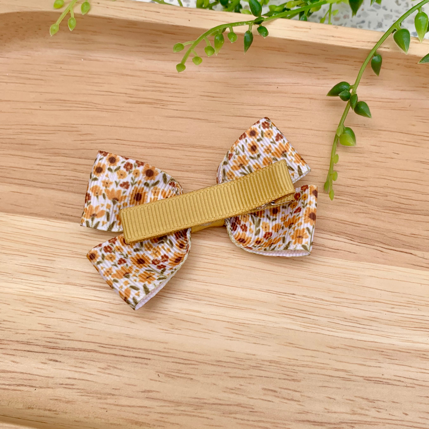 Mustard Floral Double Bow Hair Clip