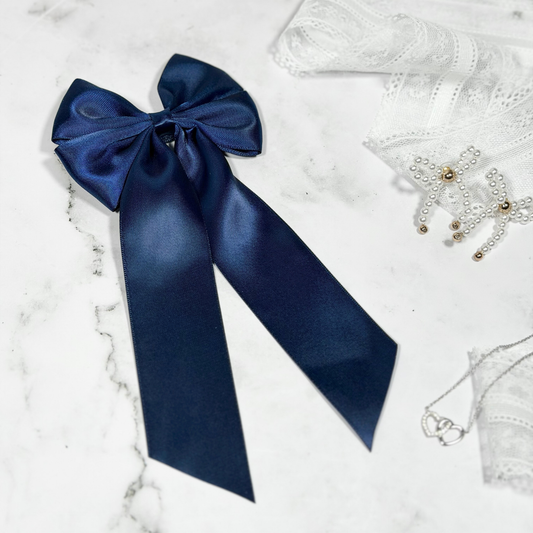 Navy Satin Bow with Tails Hair Clip