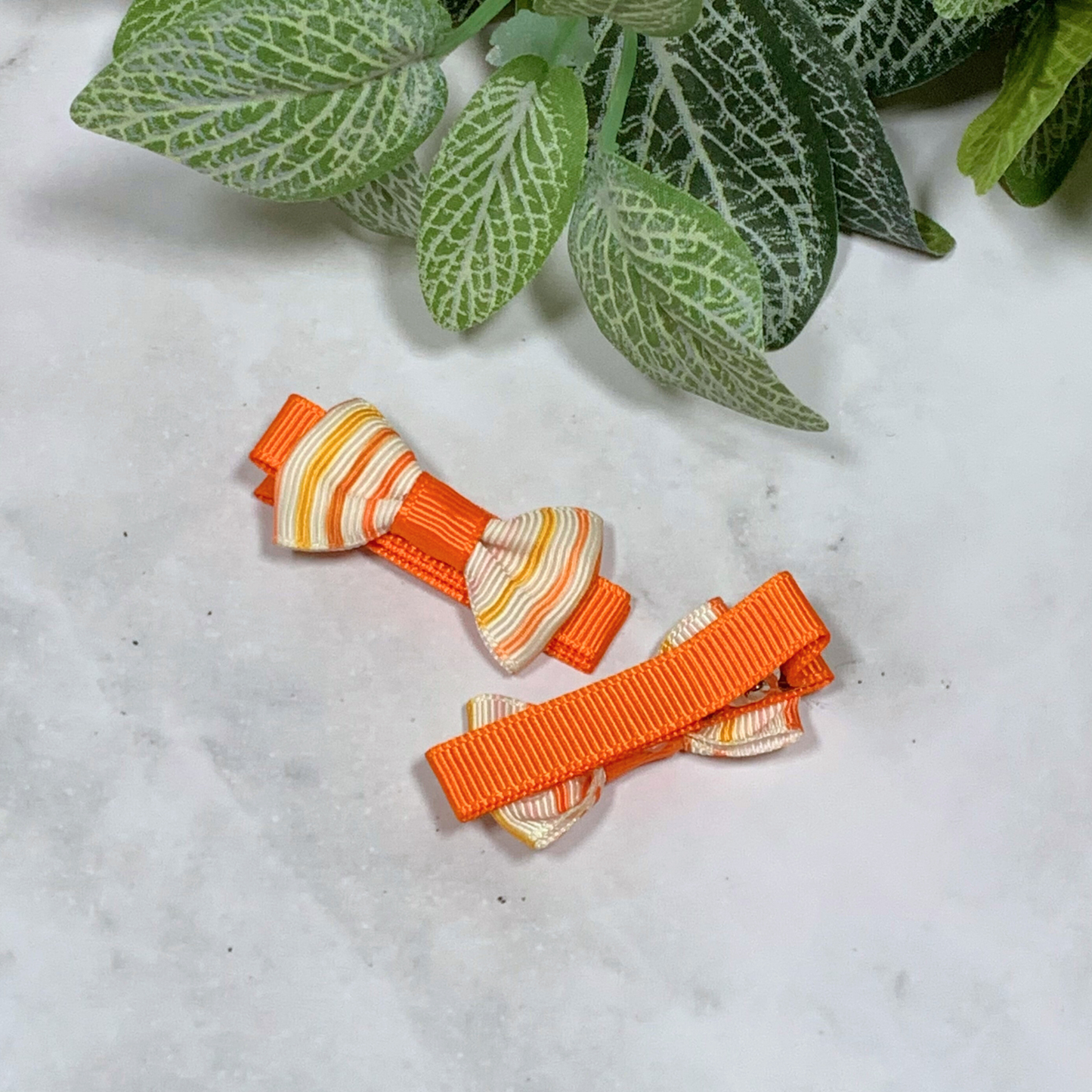 Orange Stripe Mini Bow Hair Clips - set of 2