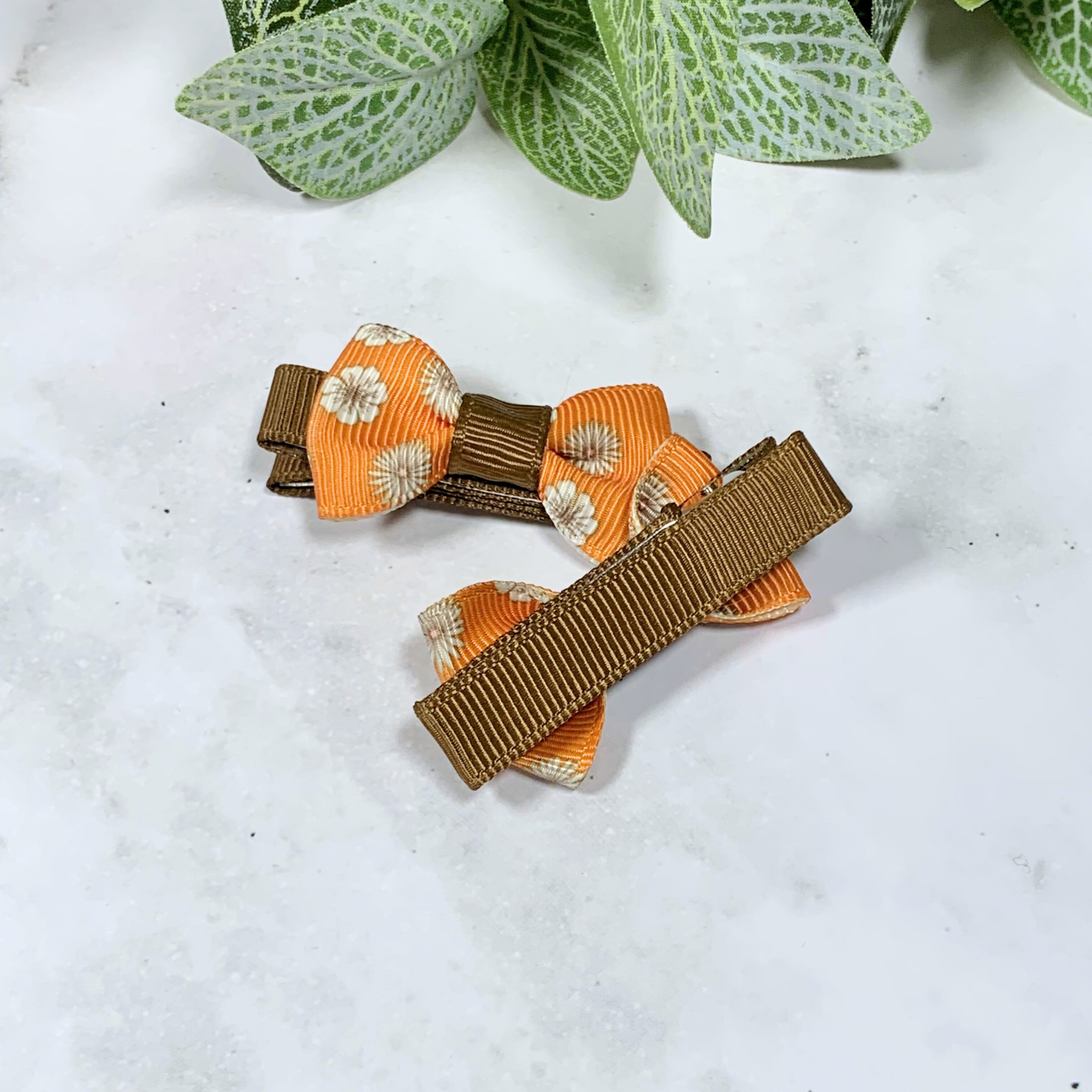 Orange & Brown Floral Mini Bow Hair Clips - set of 2