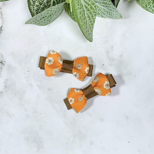 Orange & Brown Floral Mini Bow Hair Clips - set of 2