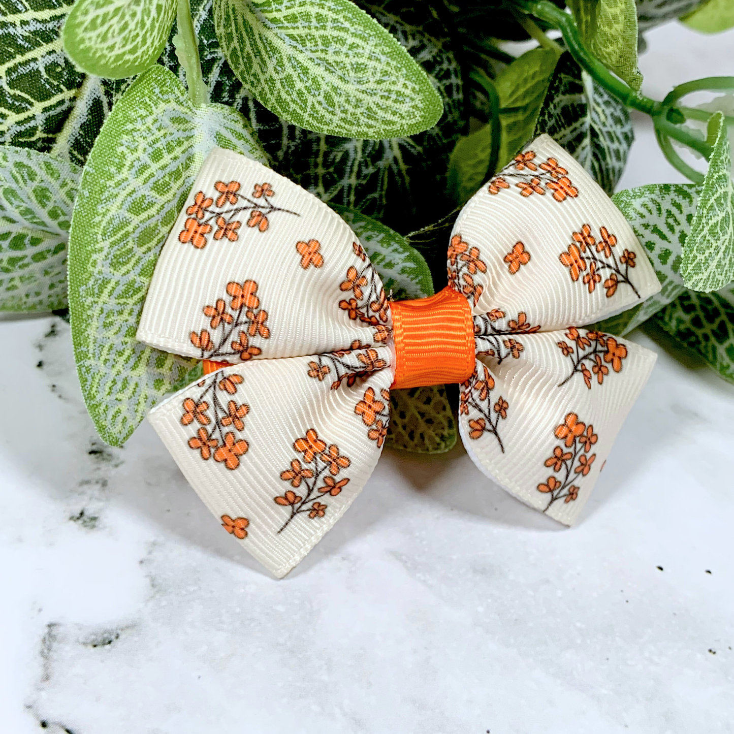 Orange & Cream Floral Small Bow Hair Clip