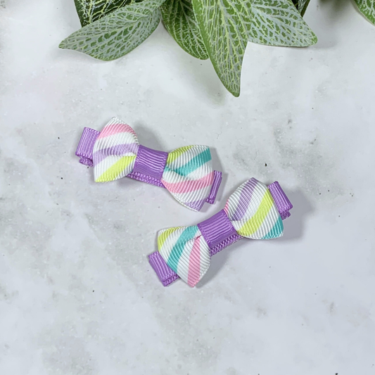 Pastel Candy Stripe Mini Bow Hair Clips - set of 2