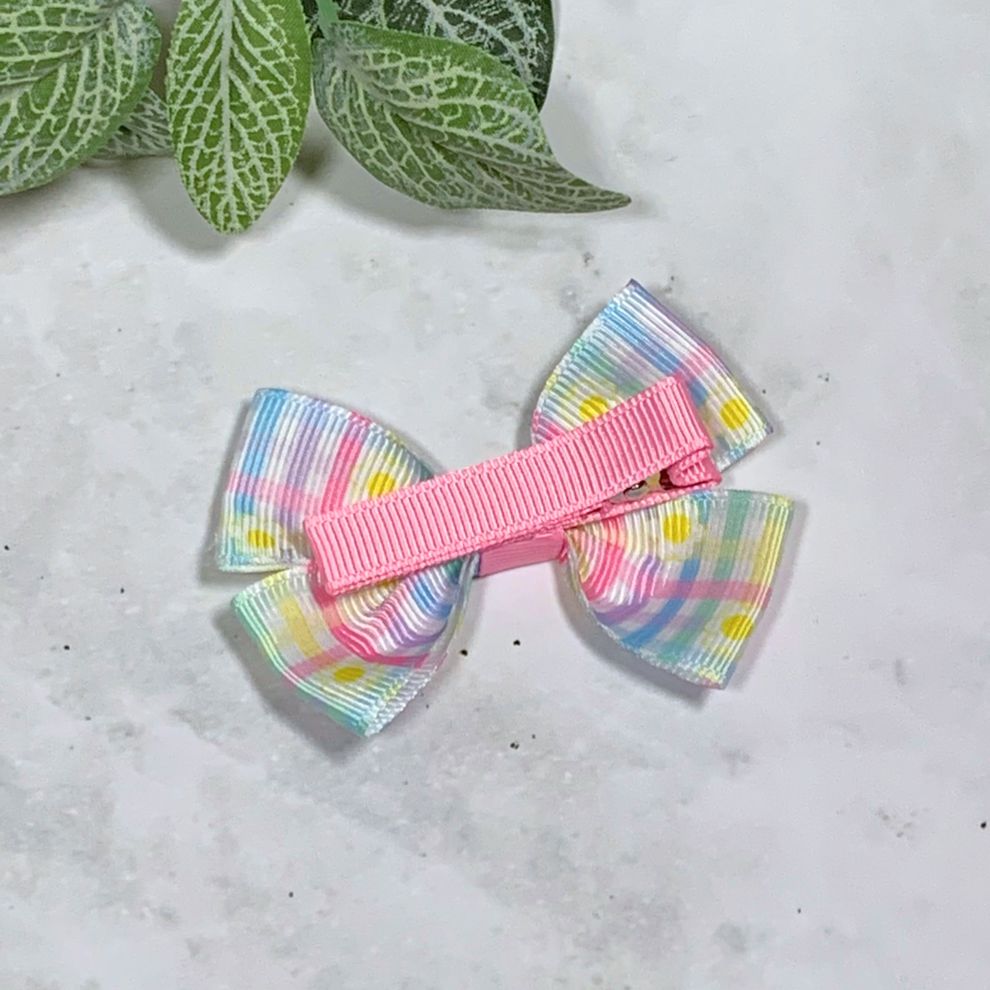 Pastel Plaid Daisy Small Bow Hair Clip