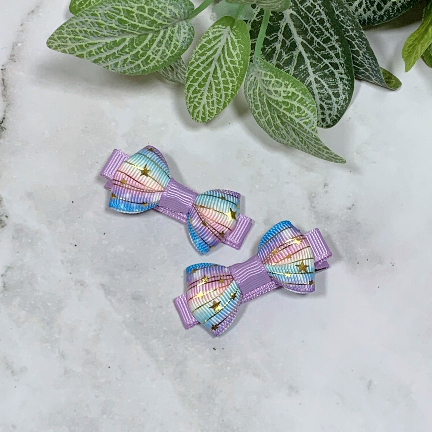 Pastel Ombre with Gold Stars Mini Bow Hair Clips - set of 2