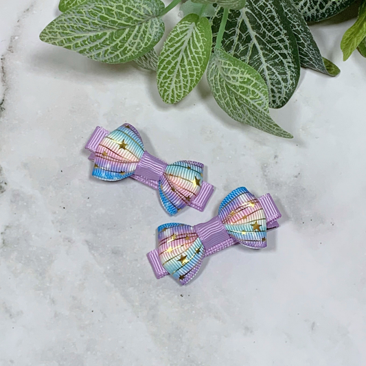 Pastel Ombre with Gold Stars Mini Bow Hair Clips - set of 2