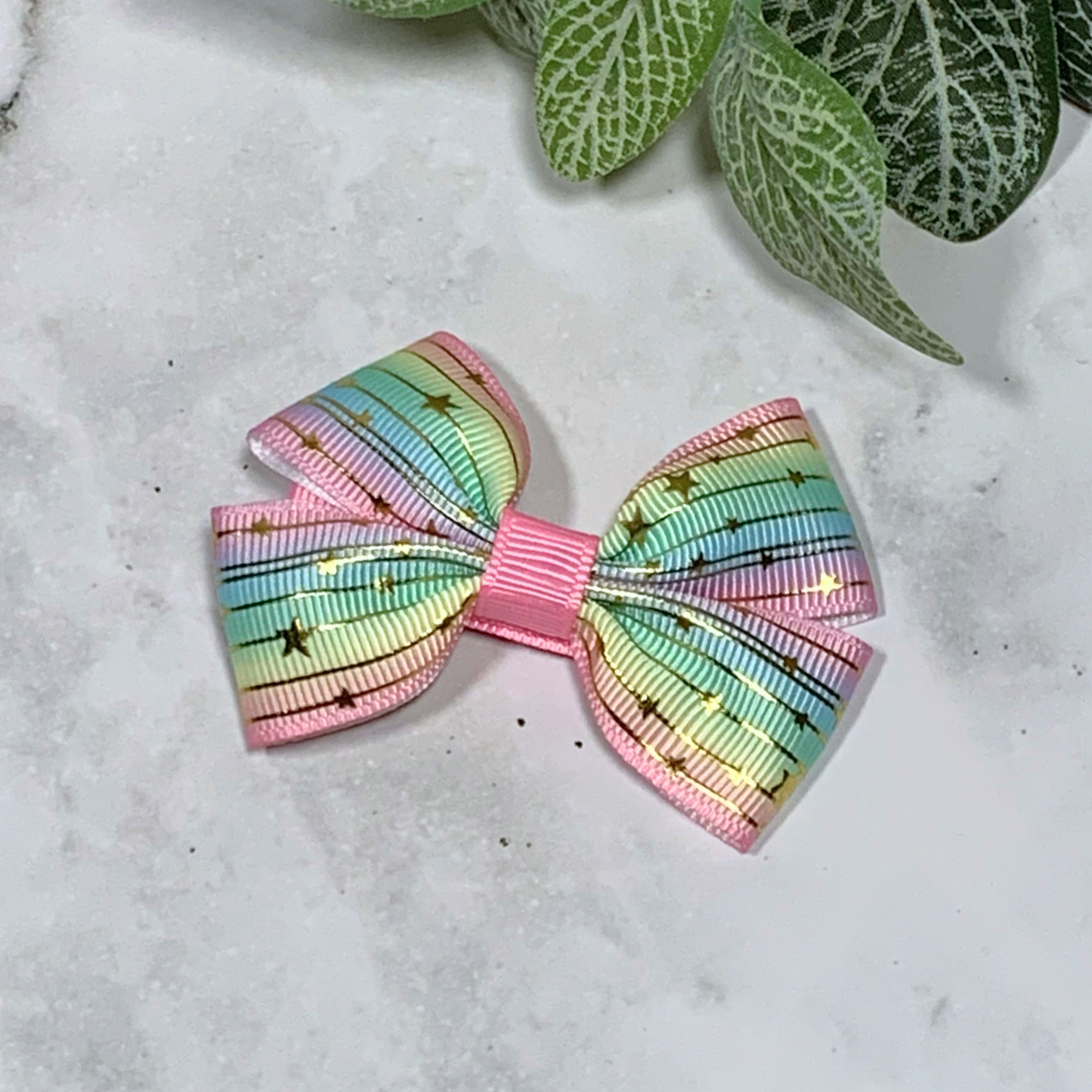 Pastel Stripes with Gold Stars Small Bow Hair Clip