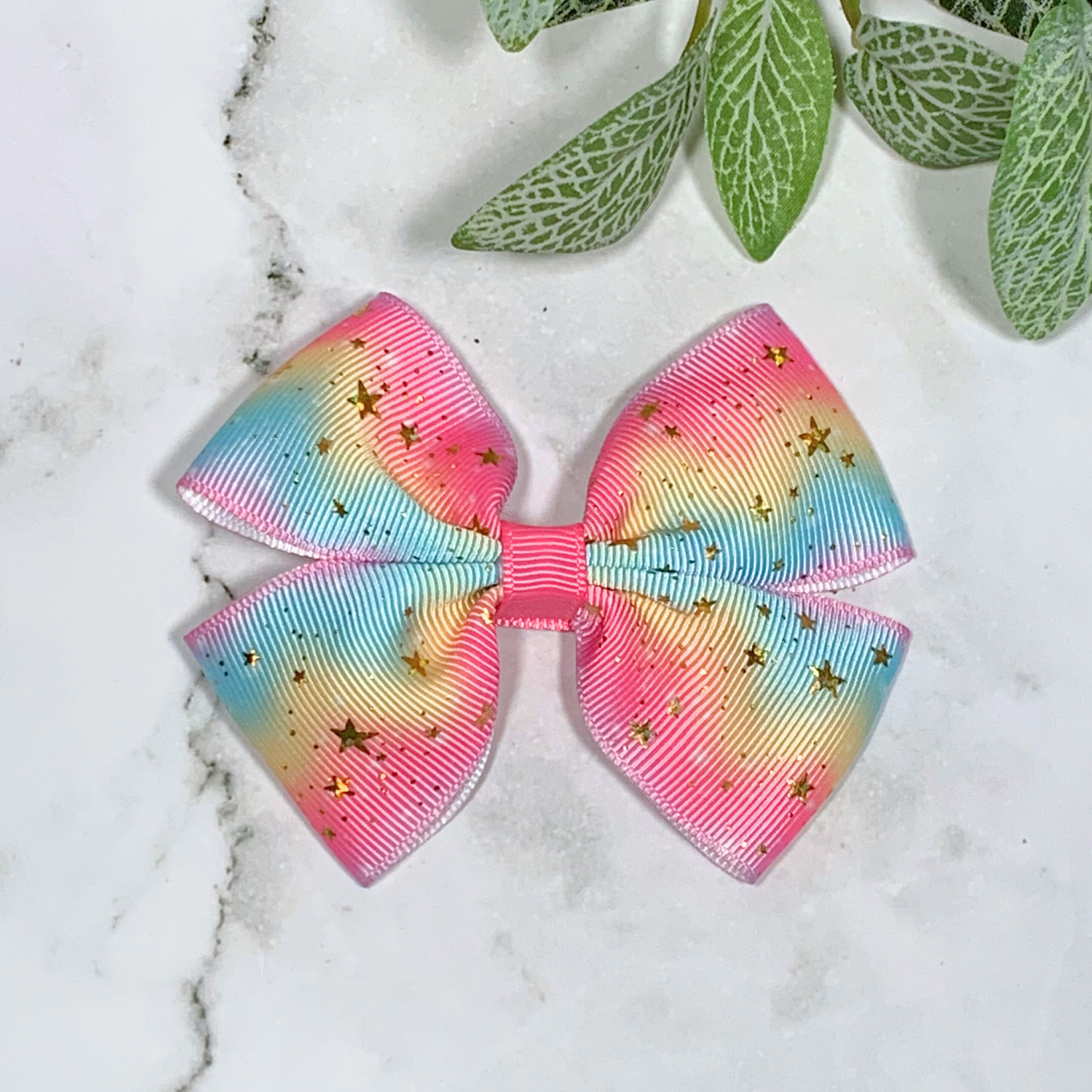 Multicoloured Pastel with Gold Stars Medium Bow Hair Clip