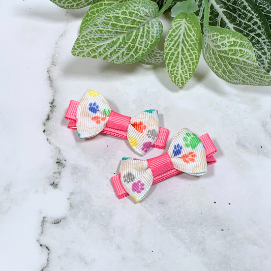 Pink Paw Prints Mini Bow Hair Clips - set of 2