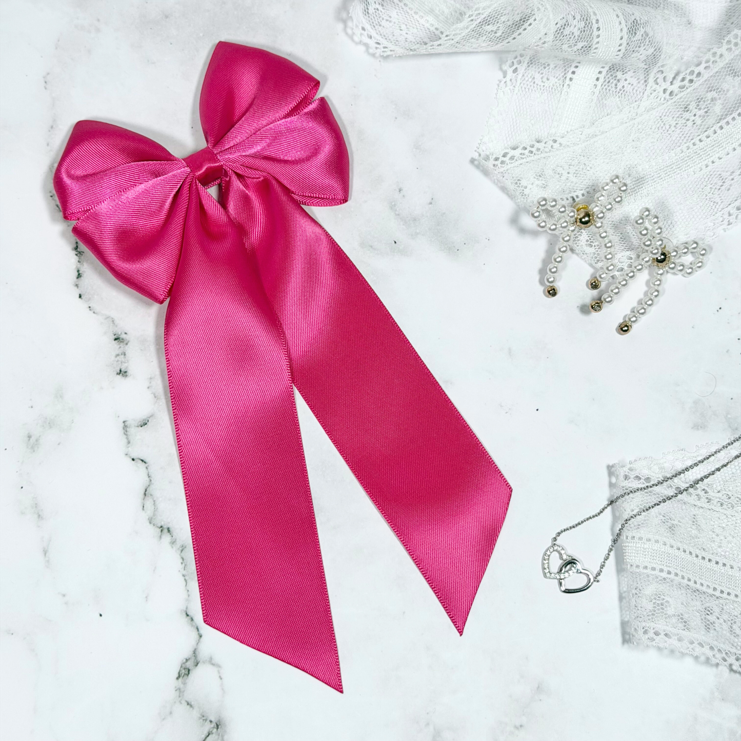 Pink Satin Bow with Tails Hair Clip