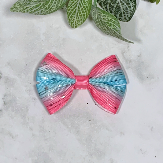 Pink & Blue Ombre with Silver Stars Small Bow Hair Clip