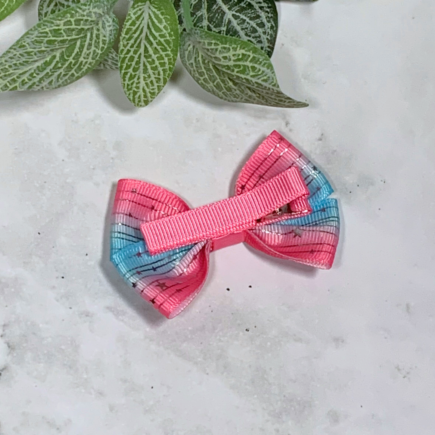 Pink & Blue Ombre with Silver Stars Small Bow Hair Clip