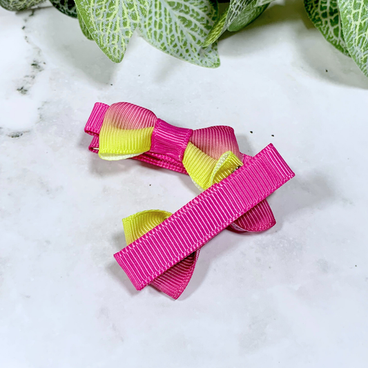 Pink & Yellow Ombre Mini Bow Hair Clips - set of 2