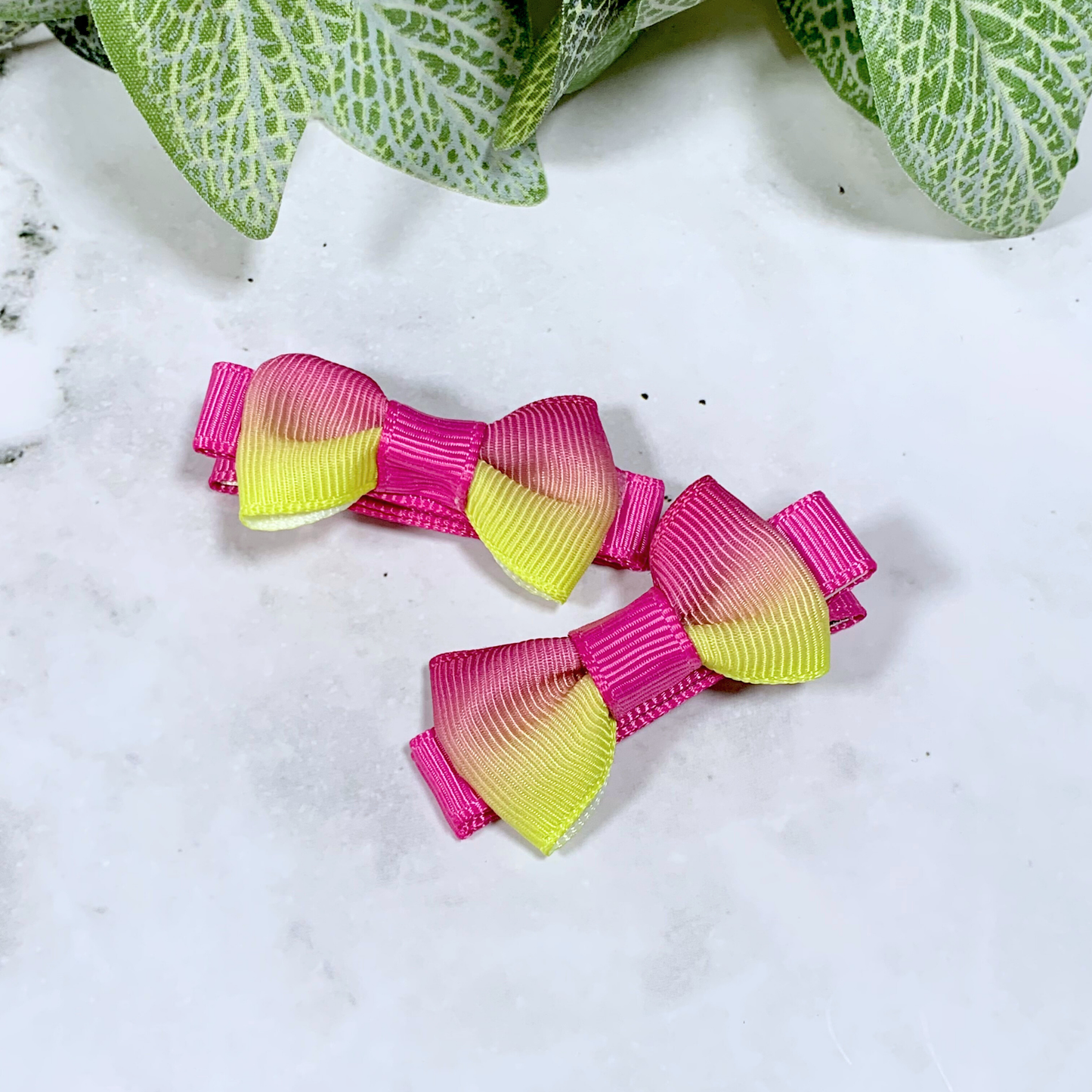 Pink & Yellow Ombre Mini Bow Hair Clips - set of 2