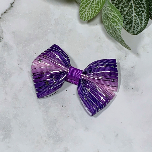 Purple Ombre with Silver Stars Small Bow Hair Clip