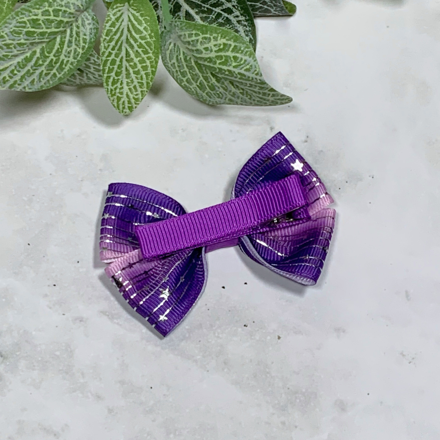 Purple Ombre with Silver Stars Small Bow Hair Clip