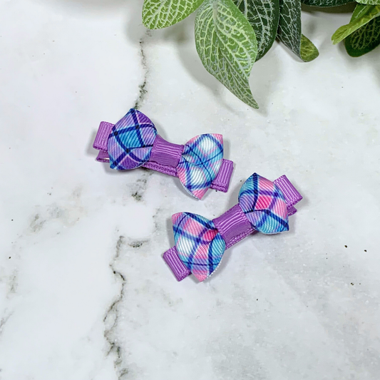 Purple Plaid Mini Bow Hair Clips - set of 2