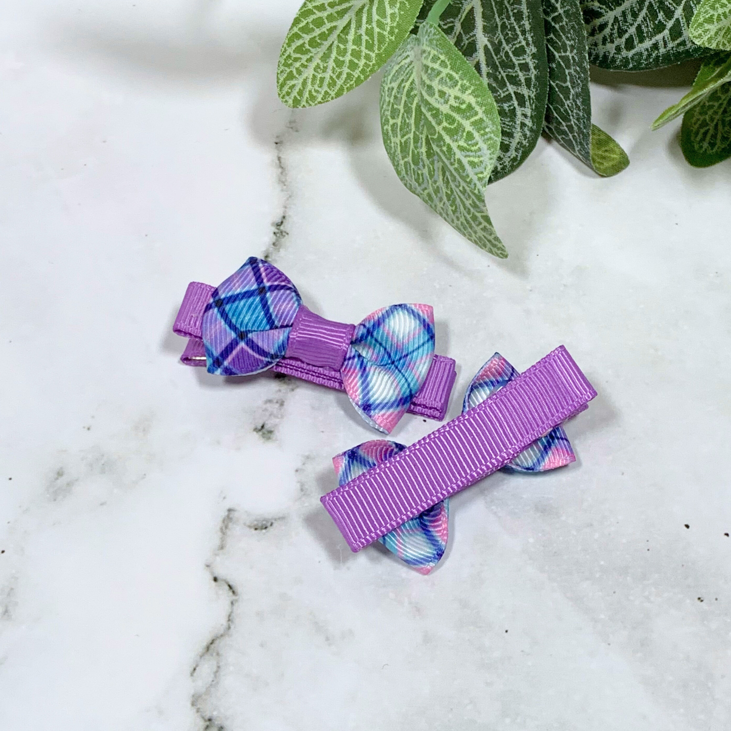 Purple Plaid Mini Bow Hair Clips - set of 2