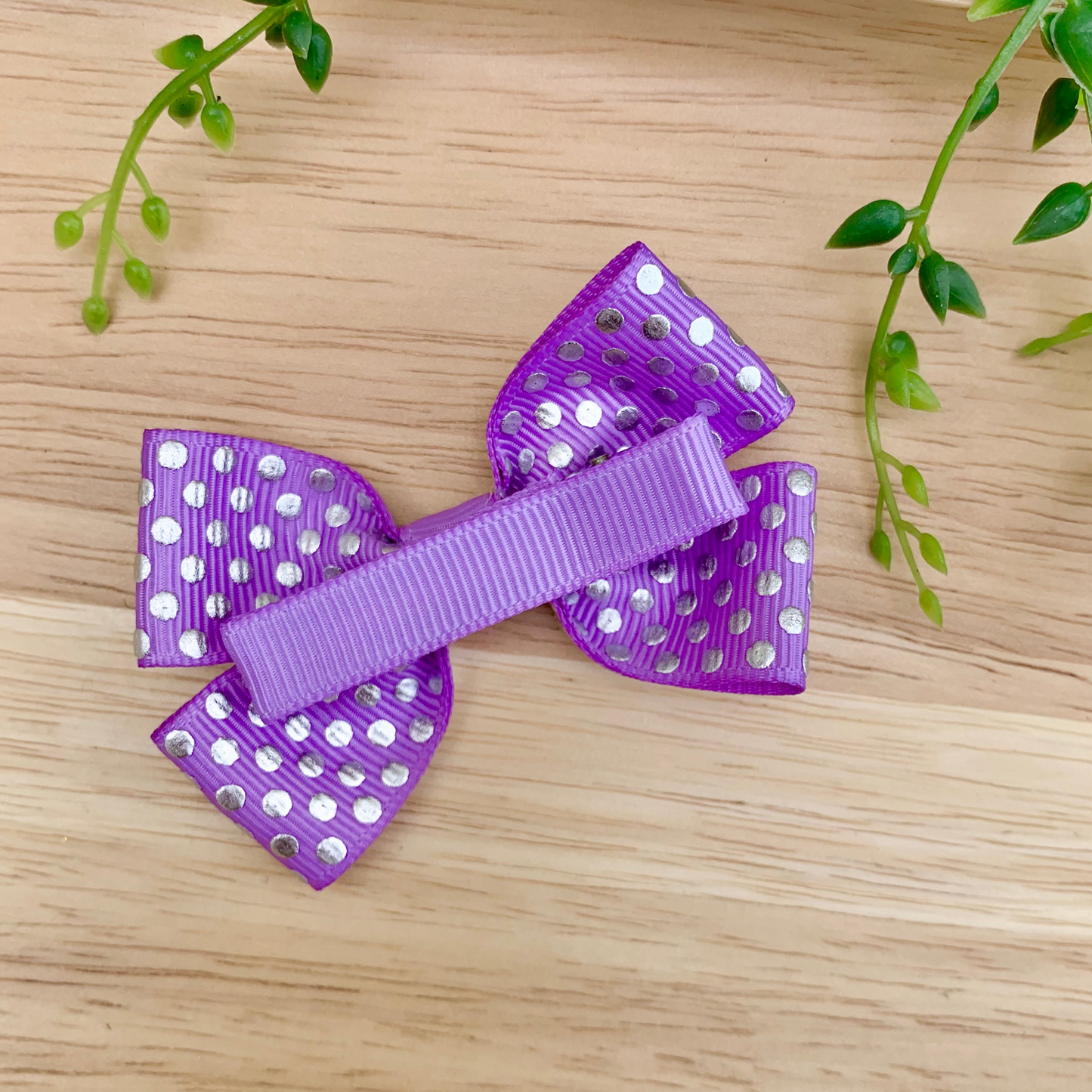 Purple with Silver Foil Spots Double Bow Hair Clip