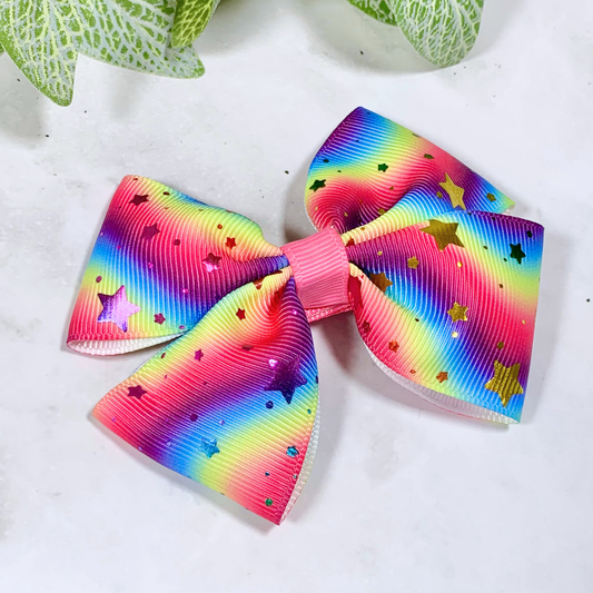 Rainbow with Foil Stars Medium Bow Hair Clip