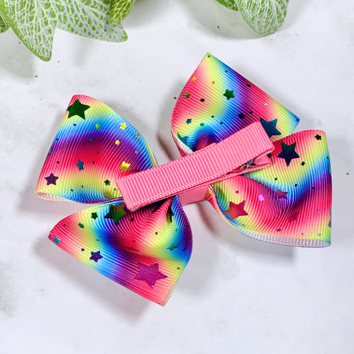 Rainbow with Foil Stars Medium Bow Hair Clip