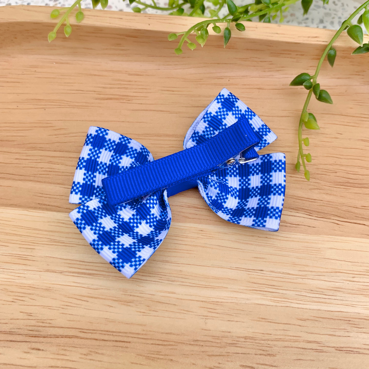 Royal Blue Check Double Bow Hair Clip