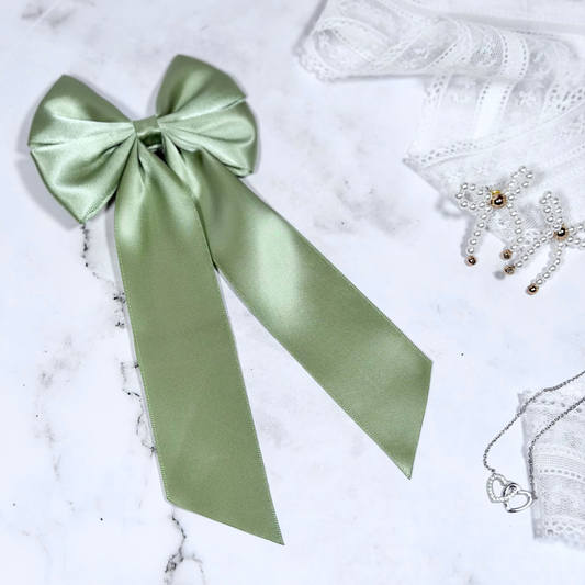 Sage Satin Bow with Tails Hair Clip