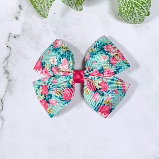 Aqua Floral Medium Bow Hair Clip