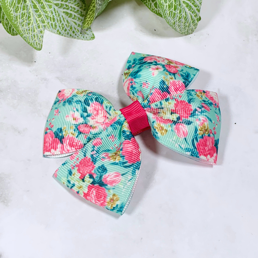 Aqua Floral Medium Bow Hair Clip