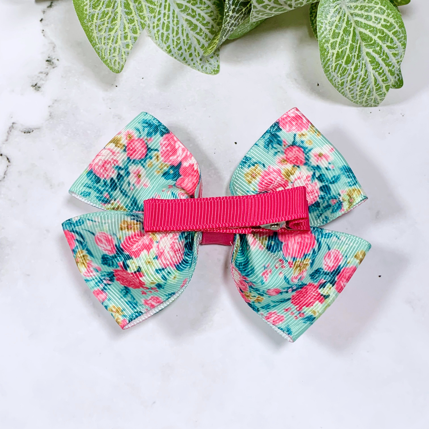 Aqua Floral Medium Bow Hair Clip
